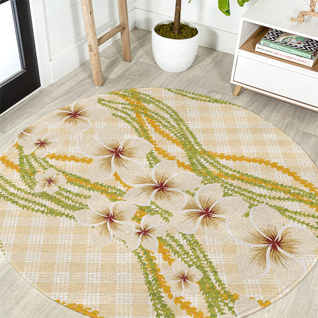 Melemele Ahiahia Hawai'i Palaka Plumeria Round Carpet Puakenikeni and Maile Lei LT9 Pastel Yellow - Polynesian Pride