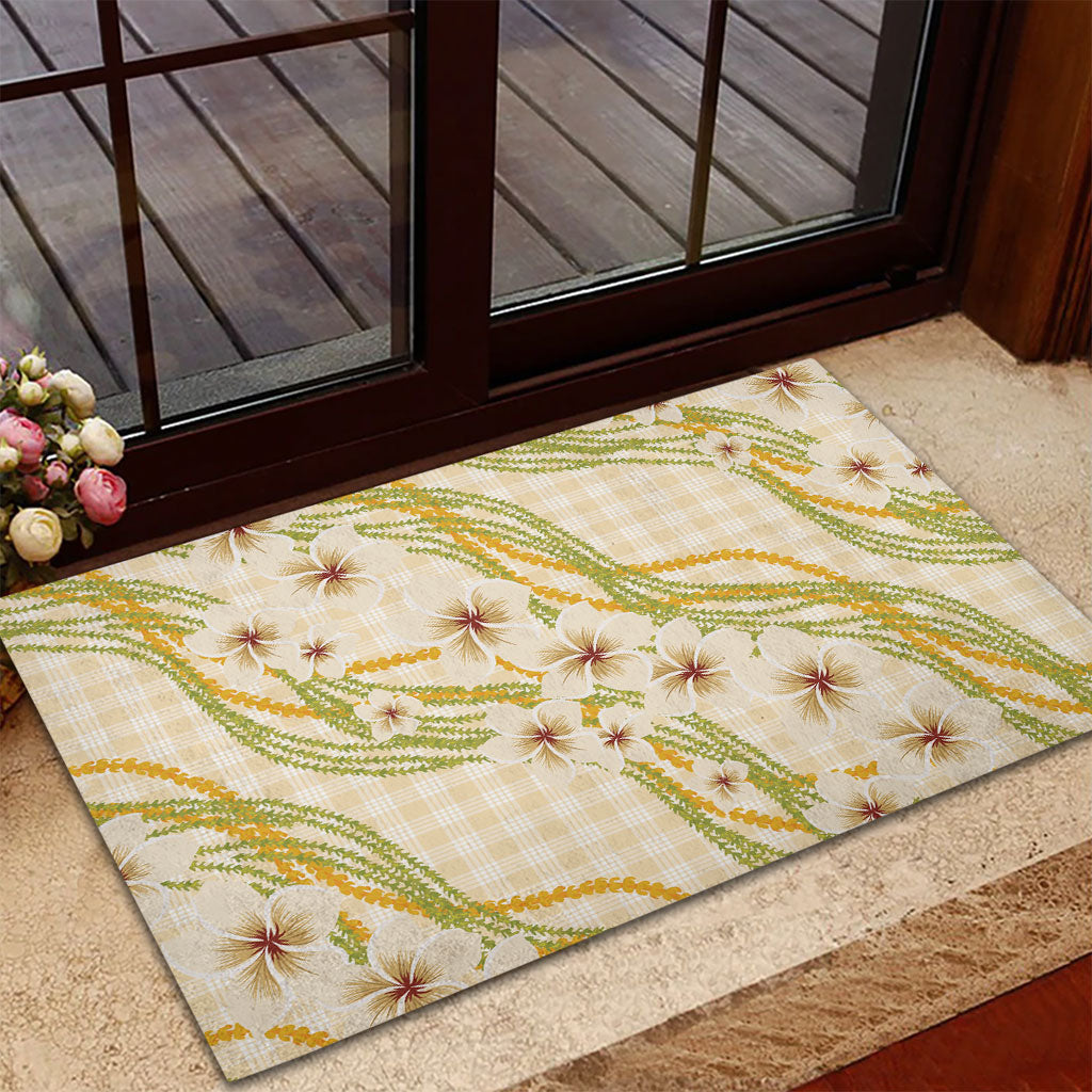 Melemele Ahiahia Hawai'i Palaka Plumeria Rubber Doormat Puakenikeni and Maile Lei