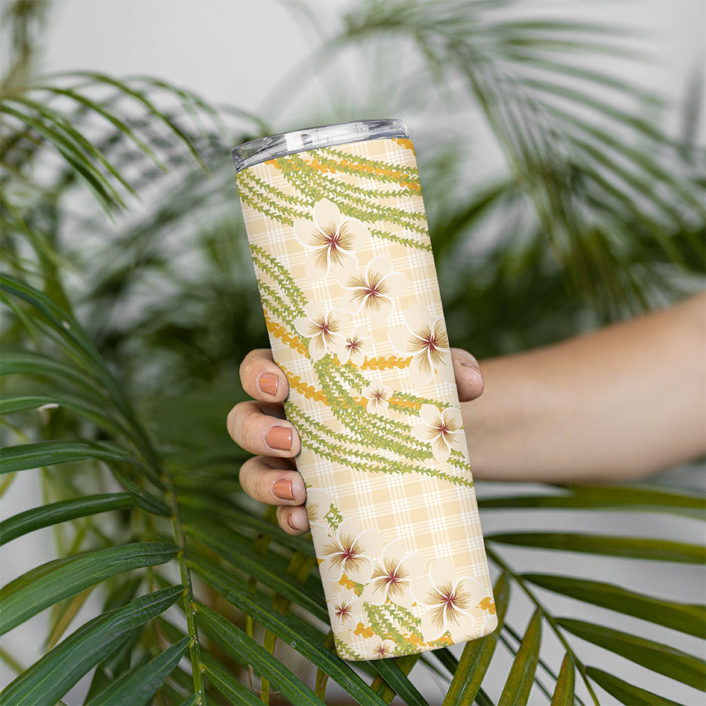 Melemele Ahiahia Hawai'i Palaka Plumeria Skinny Tumbler Puakenikeni and Maile Lei LT9 - Polynesian Pride