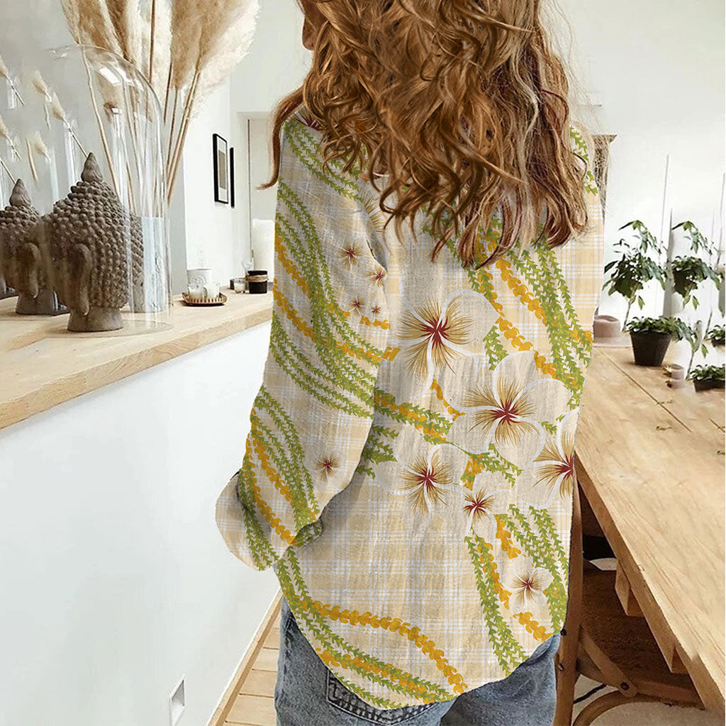 Melemele Ahiahia Hawai'i Palaka Plumeria Women Casual Shirt Puakenikeni and Maile Lei LT9 - Polynesian Pride
