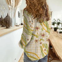 Melemele Ahiahia Hawai'i Palaka Plumeria Women Casual Shirt Puakenikeni and Maile Lei LT9 - Polynesian Pride