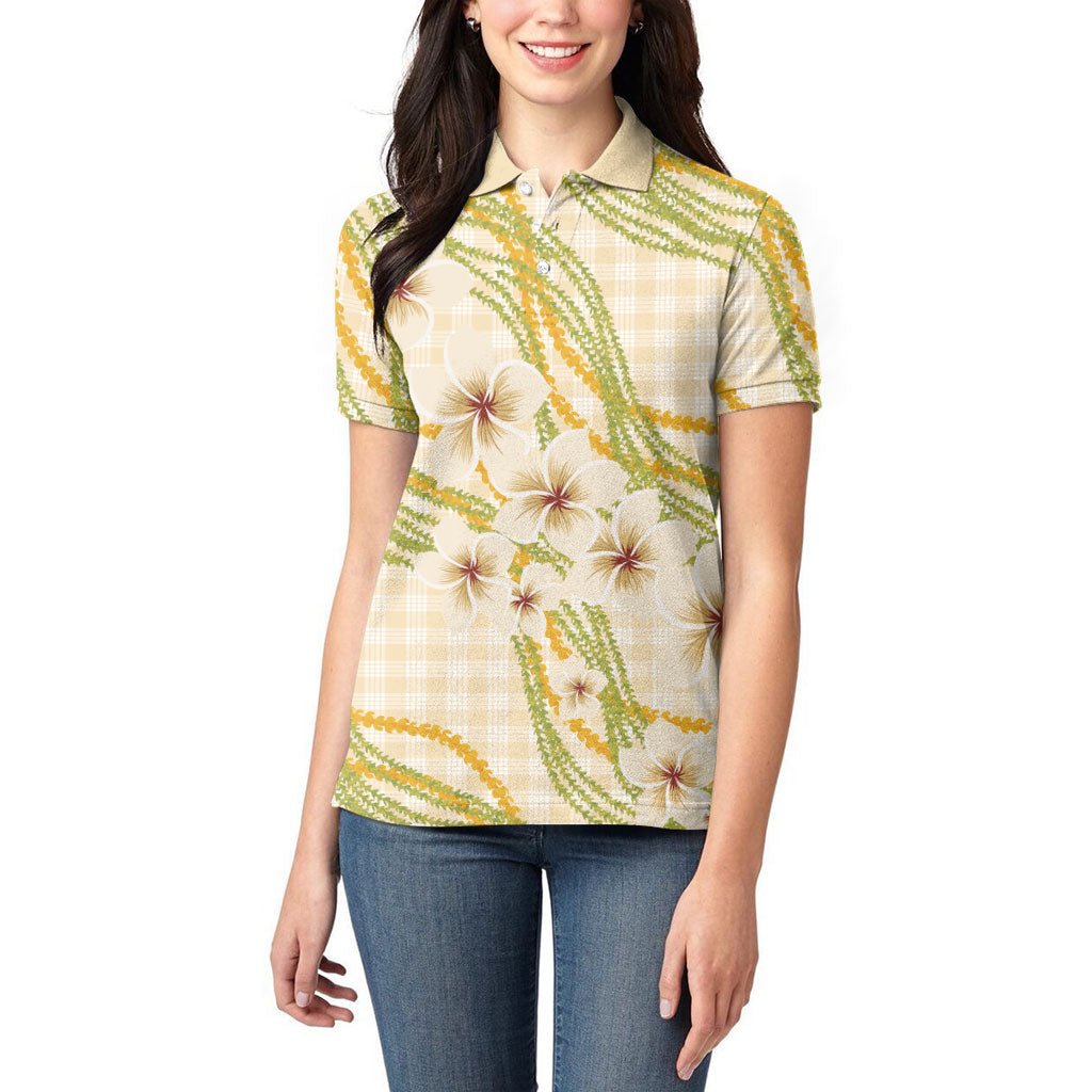 Melemele Ahiahia Hawai'i Palaka Plumeria Women Polo Shirt Puakenikeni and Maile Lei LT9 - Polynesian Pride