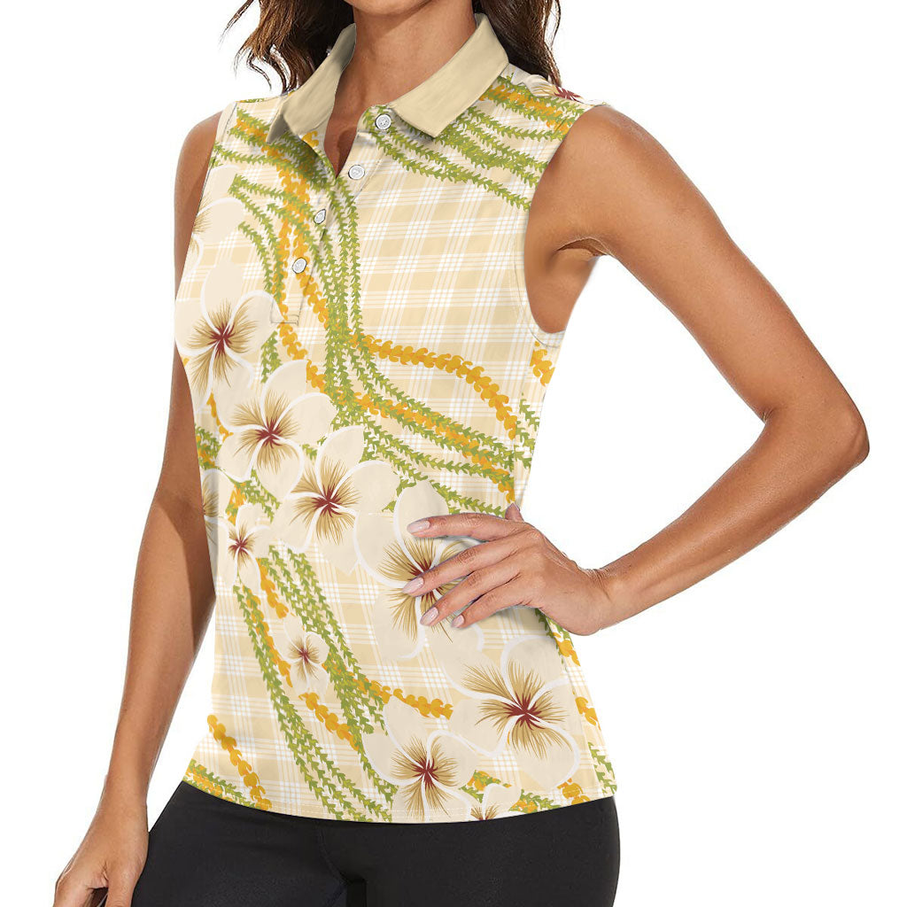 Melemele Ahiahia Hawai'i Palaka Plumeria Women Sleeveless Polo Shirt Puakenikeni and Maile Lei LT9 - Polynesian Pride