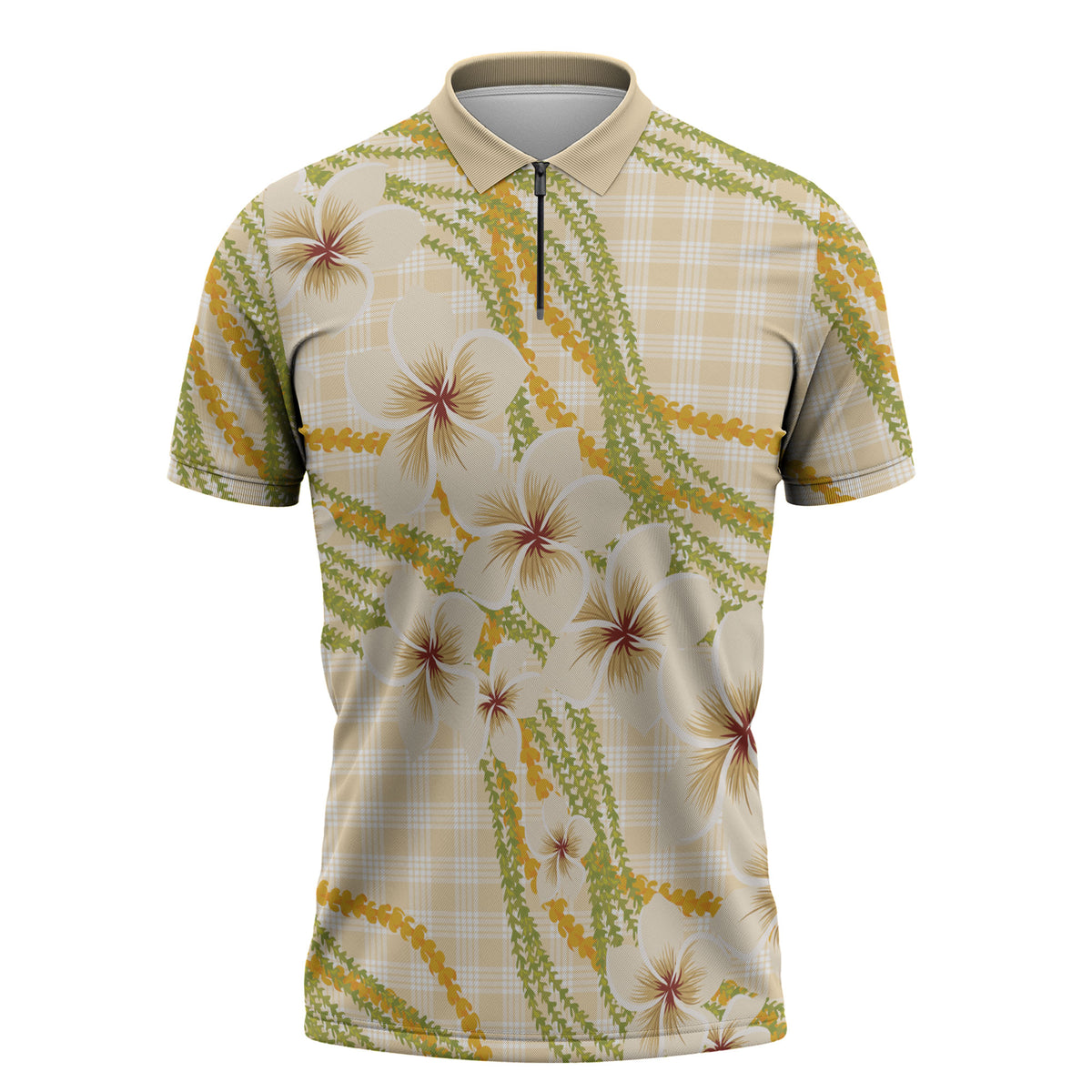 Melemele Ahiahia Hawai'i Palaka Plumeria Zipper Polo Shirt Puakenikeni and Maile Lei LT9 Pastel Yellow - Polynesian Pride
