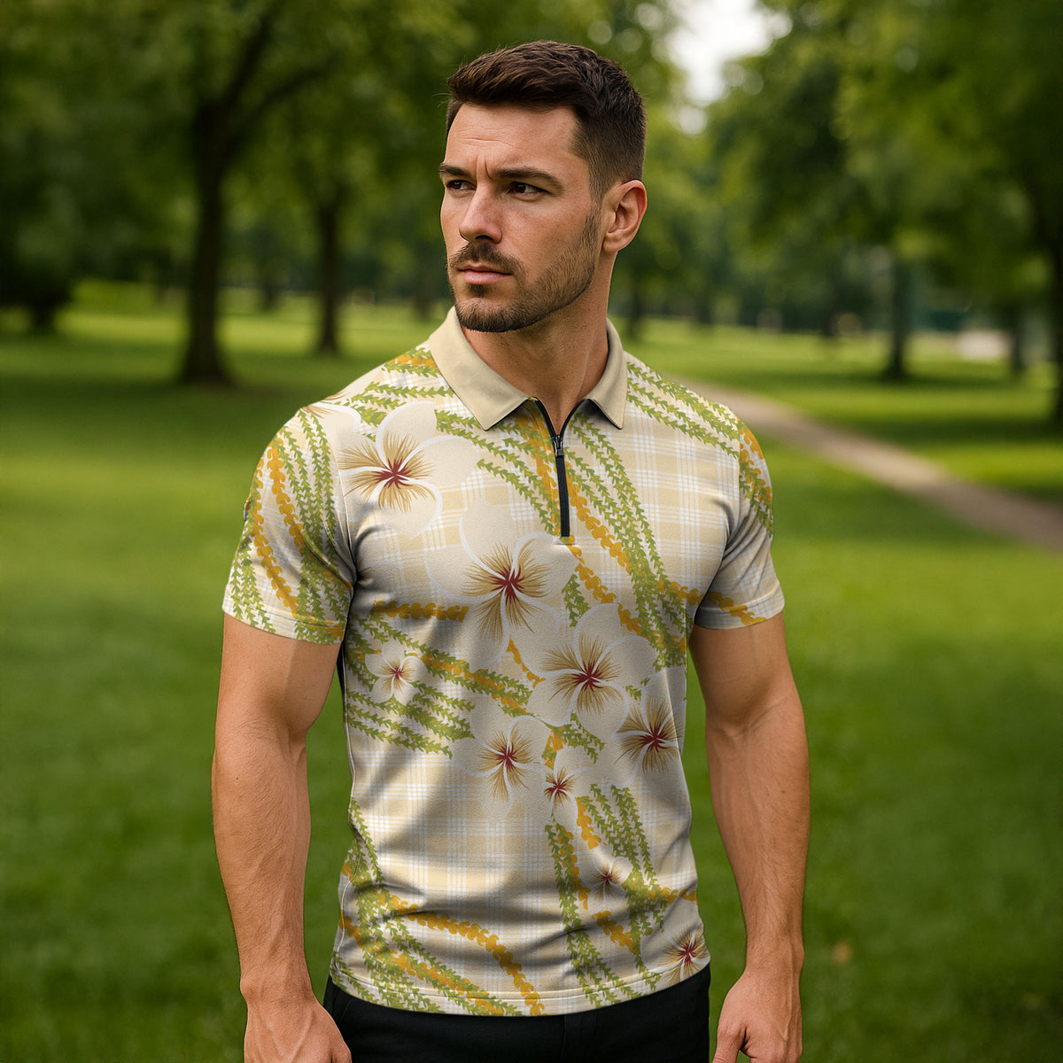 Melemele Ahiahia Hawai'i Palaka Plumeria Zipper Polo Shirt Puakenikeni and Maile Lei LT9 - Polynesian Pride