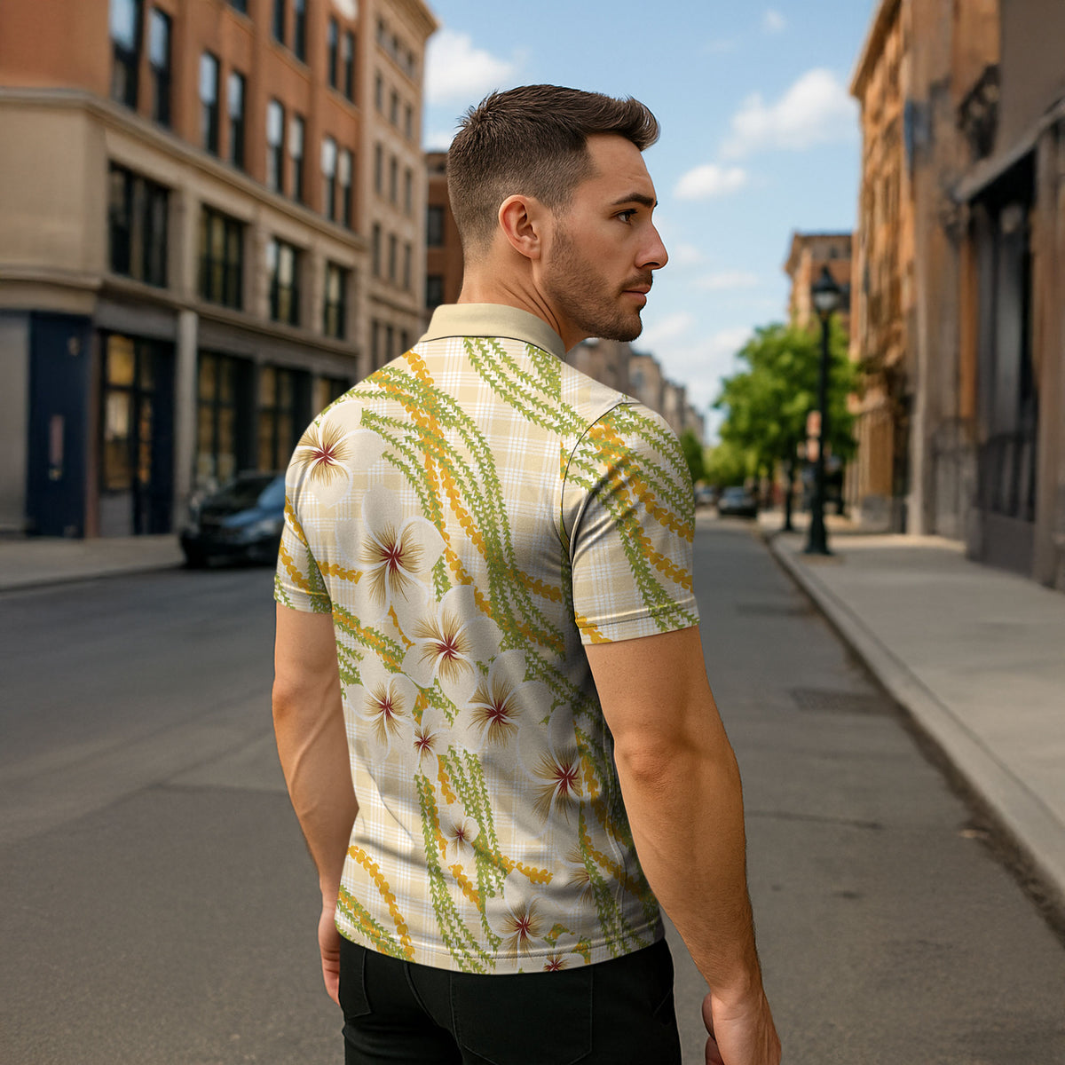 Melemele Ahiahia Hawai'i Palaka Plumeria Zipper Polo Shirt Puakenikeni and Maile Lei LT9 - Polynesian Pride