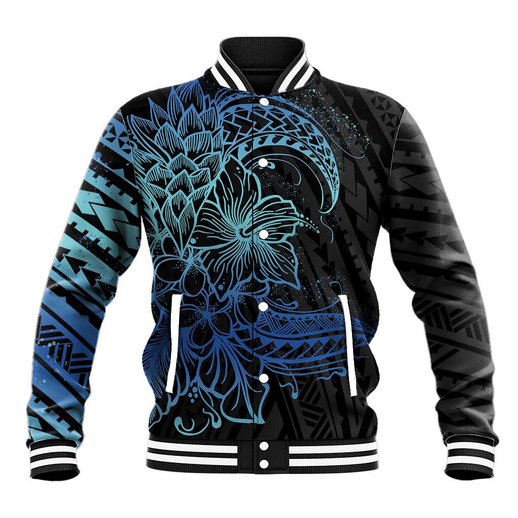 Floral Polynesian Hibiscus Tattoo Baseball Jacket Blue Gradient Style LT9 Unisex Blue - Polynesian Pride