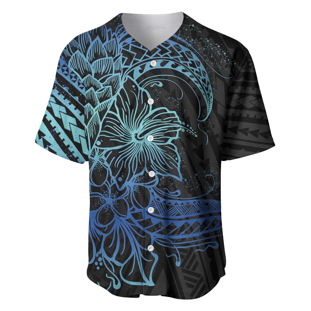 Floral Polynesian Hibiscus Tattoo Baseball Jersey Blue Gradient Style LT9 Blue - Polynesian Pride