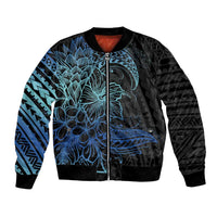 Floral Polynesian Hibiscus Tattoo Bomber Jacket Blue Gradient Style