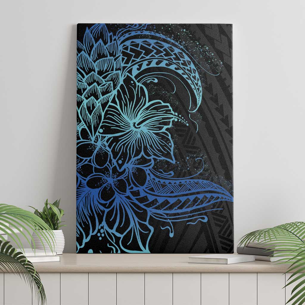 Floral Polynesian Hibiscus Tattoo Canvas Wall Art Blue Gradient Style