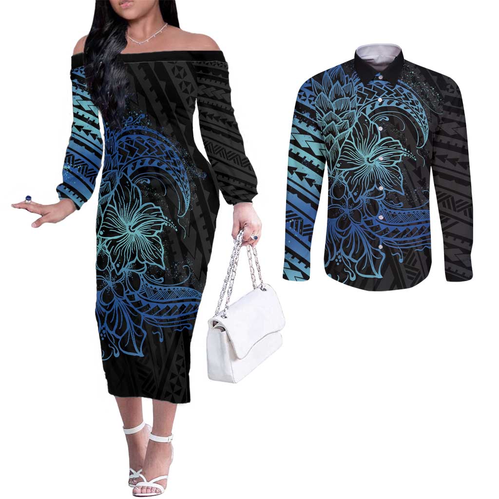 Floral Polynesian Hibiscus Tattoo Couples Matching Off The Shoulder Long Sleeve Dress and Long Sleeve Button Shirt Blue Gradient Style LT9 Blue - Polynesian Pride