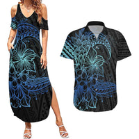 Floral Polynesian Hibiscus Tattoo Couples Matching Summer Maxi Dress and Hawaiian Shirt Blue Gradient Style LT9 Blue - Polynesian Pride
