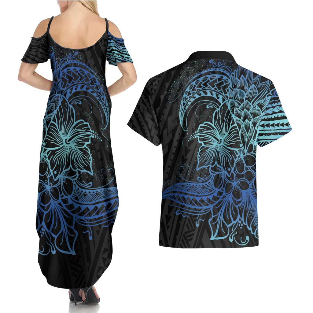 Floral Polynesian Hibiscus Tattoo Couples Matching Summer Maxi Dress and Hawaiian Shirt Blue Gradient Style LT9 - Polynesian Pride