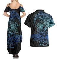 Floral Polynesian Hibiscus Tattoo Couples Matching Summer Maxi Dress and Hawaiian Shirt Blue Gradient Style LT9 - Polynesian Pride