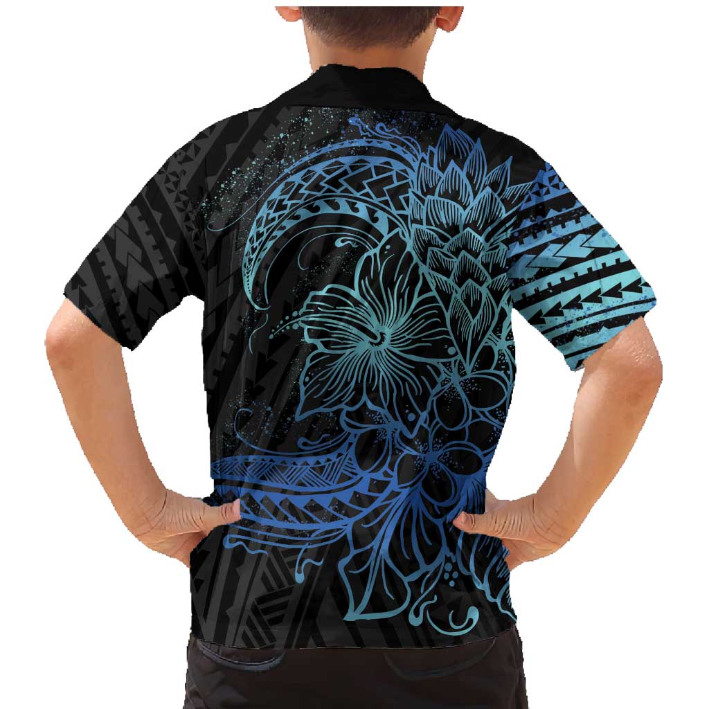 Floral Polynesian Hibiscus Tattoo Family Matching Mermaid Dress and Hawaiian Shirt Blue Gradient Style