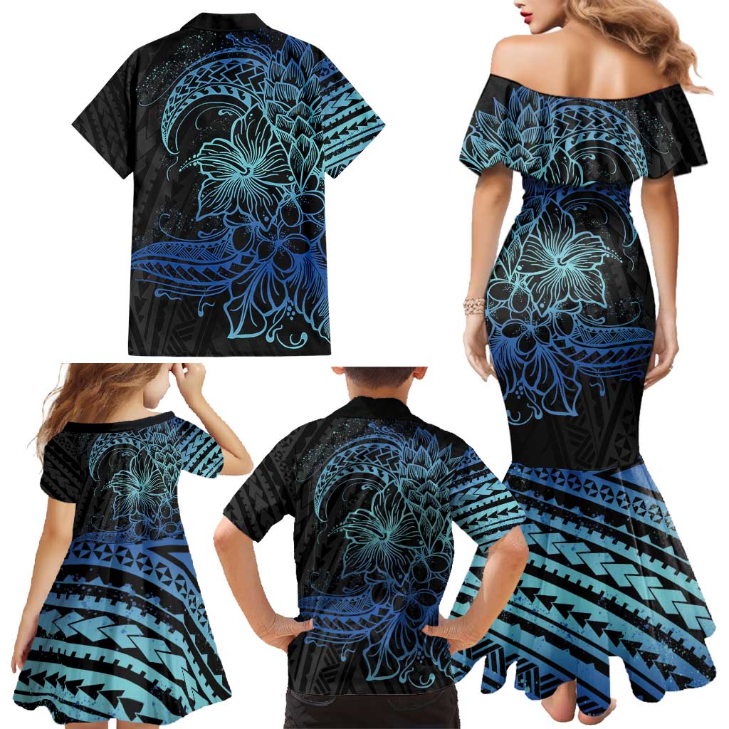 Floral Polynesian Hibiscus Tattoo Family Matching Mermaid Dress and Hawaiian Shirt Blue Gradient Style