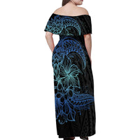 Floral Polynesian Hibiscus Tattoo Family Matching Off Shoulder Maxi Dress and Hawaiian Shirt Blue Gradient Style