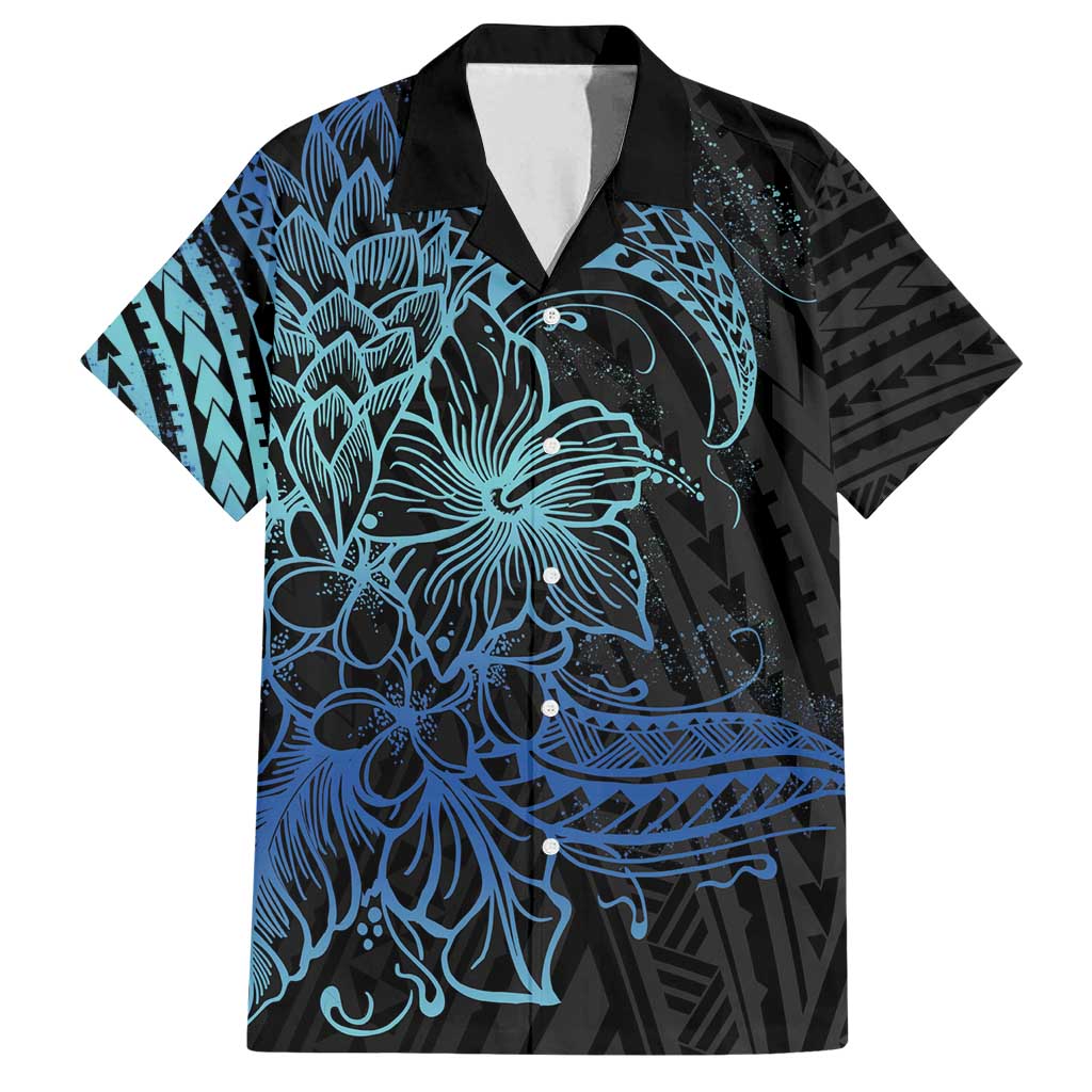 Floral Polynesian Hibiscus Tattoo Family Matching Tank Maxi Dress and Hawaiian Shirt Blue Gradient Style