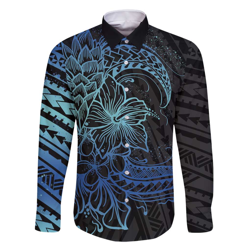 Floral Polynesian Hibiscus Tattoo Family Matching Tank Maxi Dress and Hawaiian Shirt Blue Gradient Style