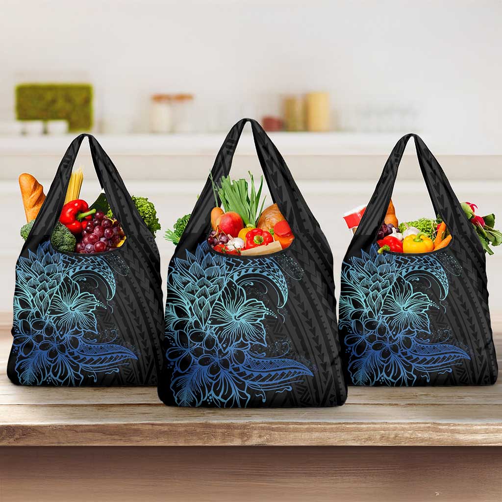 Floral Polynesian Hibiscus Tattoo Grocery Bag Blue Gradient Style