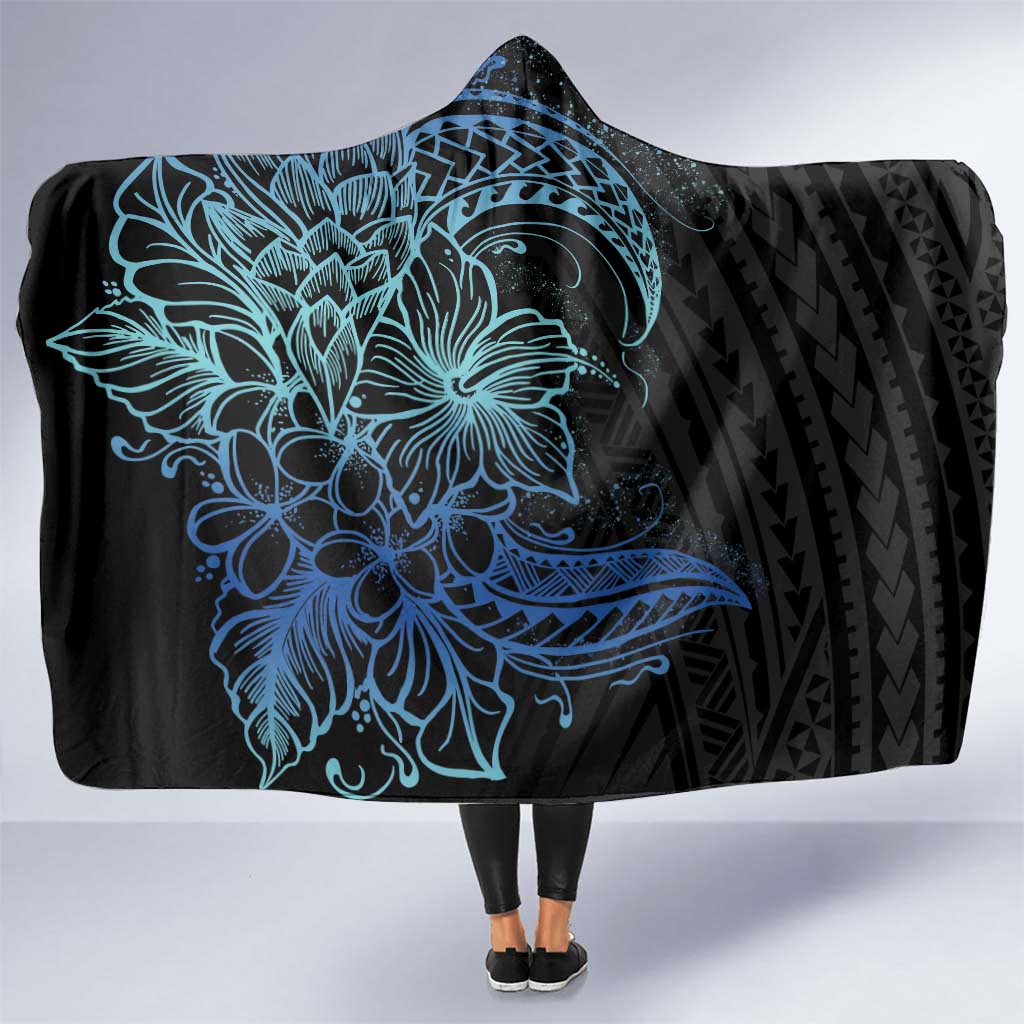 Floral Polynesian Hibiscus Tattoo Hooded Blanket Blue Gradient Style LT9 One Size Blue - Polynesian Pride