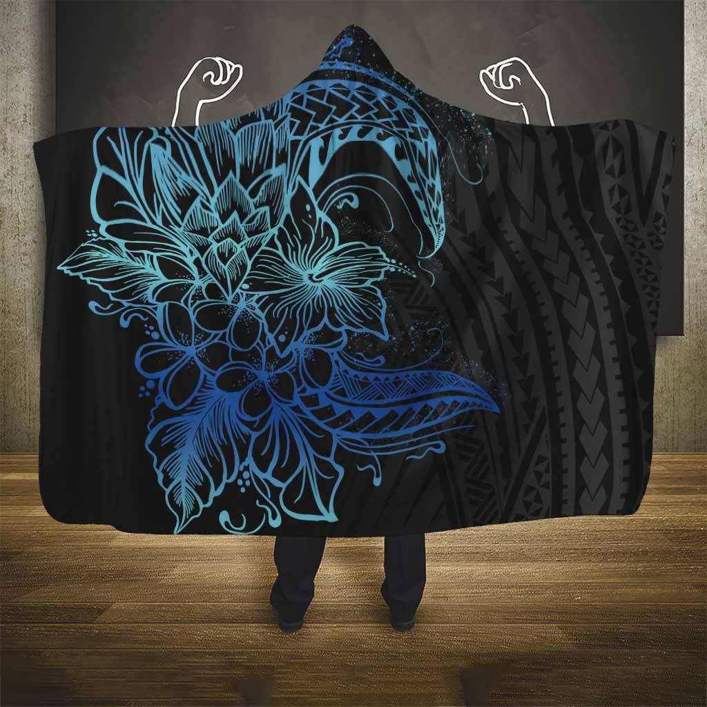 Floral Polynesian Hibiscus Tattoo Hooded Blanket Blue Gradient Style