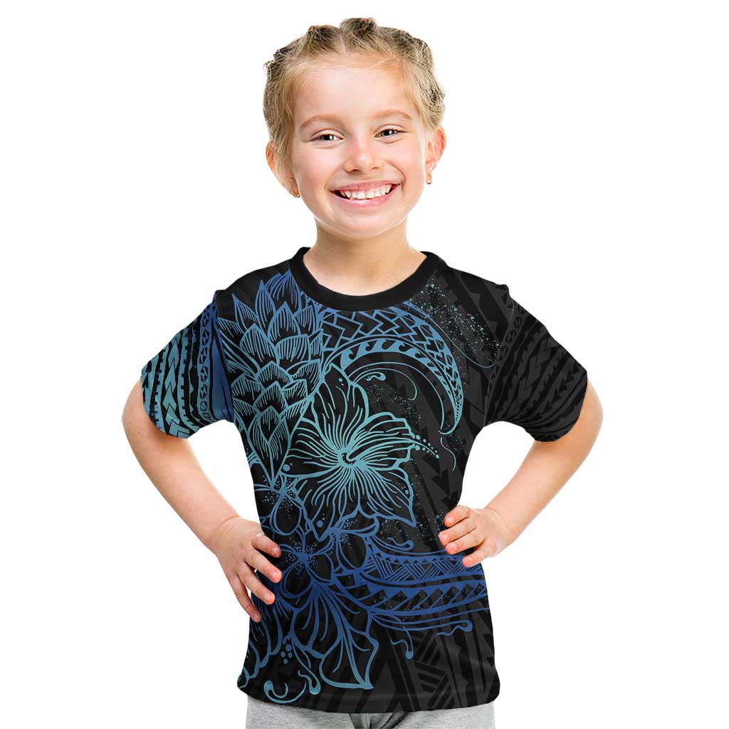 Floral Polynesian Hibiscus Tattoo Kid T Shirt Blue Gradient Style LT9 Blue - Polynesian Pride