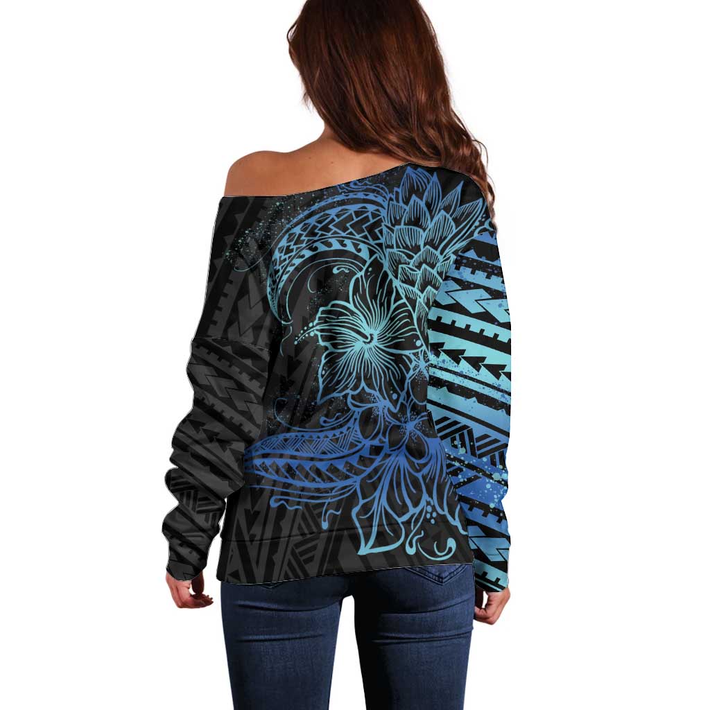 Floral Polynesian Hibiscus Tattoo Off Shoulder Sweater Blue Gradient Style