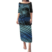 Floral Polynesian Hibiscus Tattoo Puletasi Blue Gradient Style