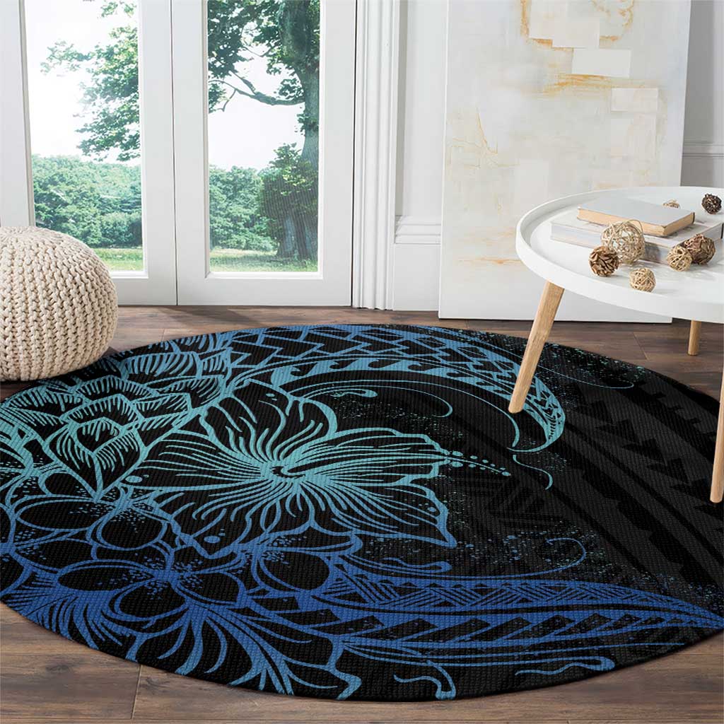 Floral Polynesian Hibiscus Tattoo Round Carpet Blue Gradient Style LT9 - Polynesian Pride