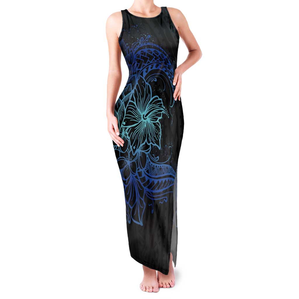Floral Polynesian Hibiscus Tattoo Tank Maxi Dress Blue Gradient Style