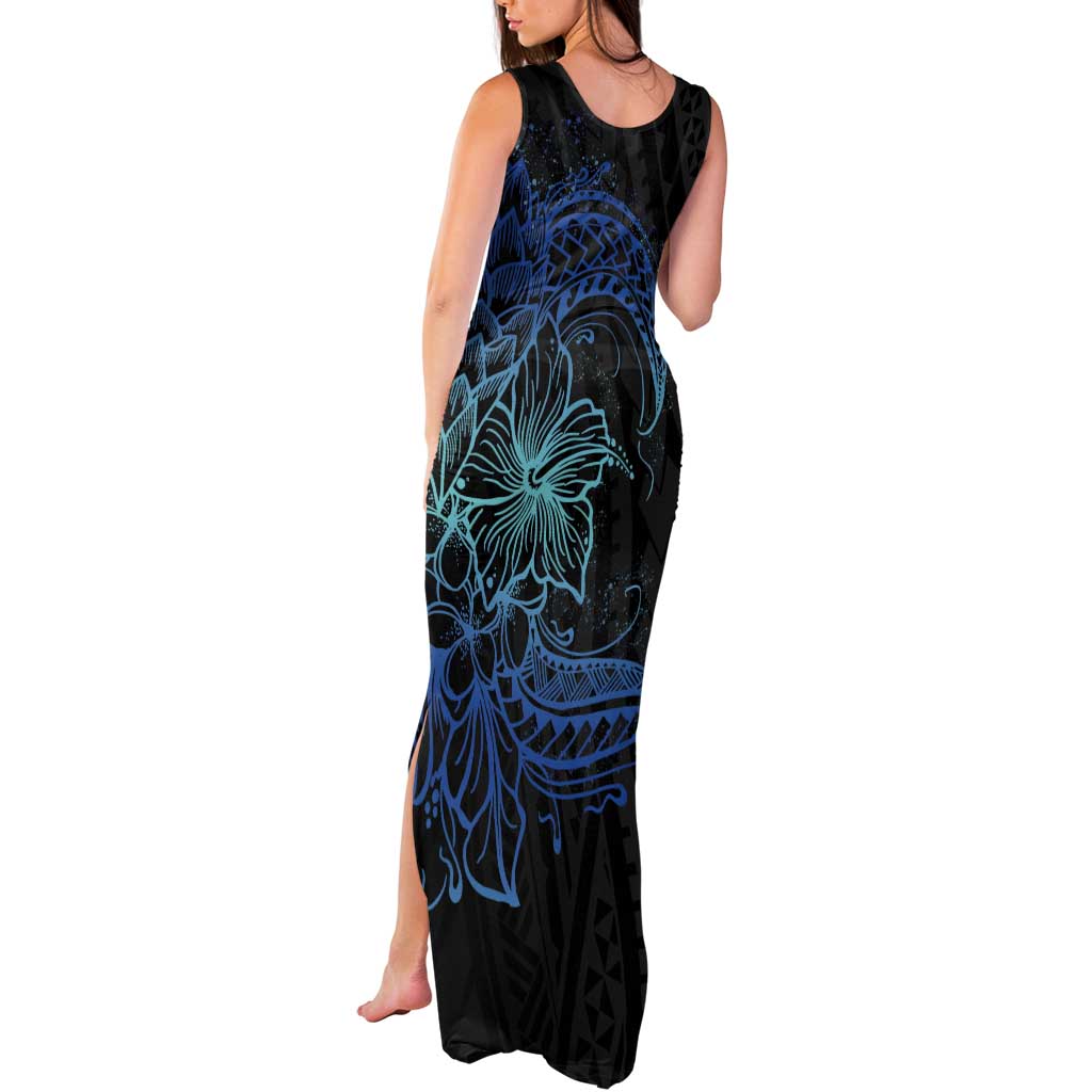 Floral Polynesian Hibiscus Tattoo Tank Maxi Dress Blue Gradient Style