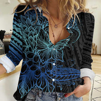 Floral Polynesian Hibiscus Tattoo Women Casual Shirt Blue Gradient Style