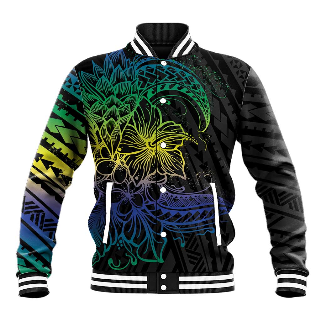 Floral Polynesian Hibiscus Tattoo Baseball Jacket Green Gradient Style LT9 Unisex Green - Polynesian Pride
