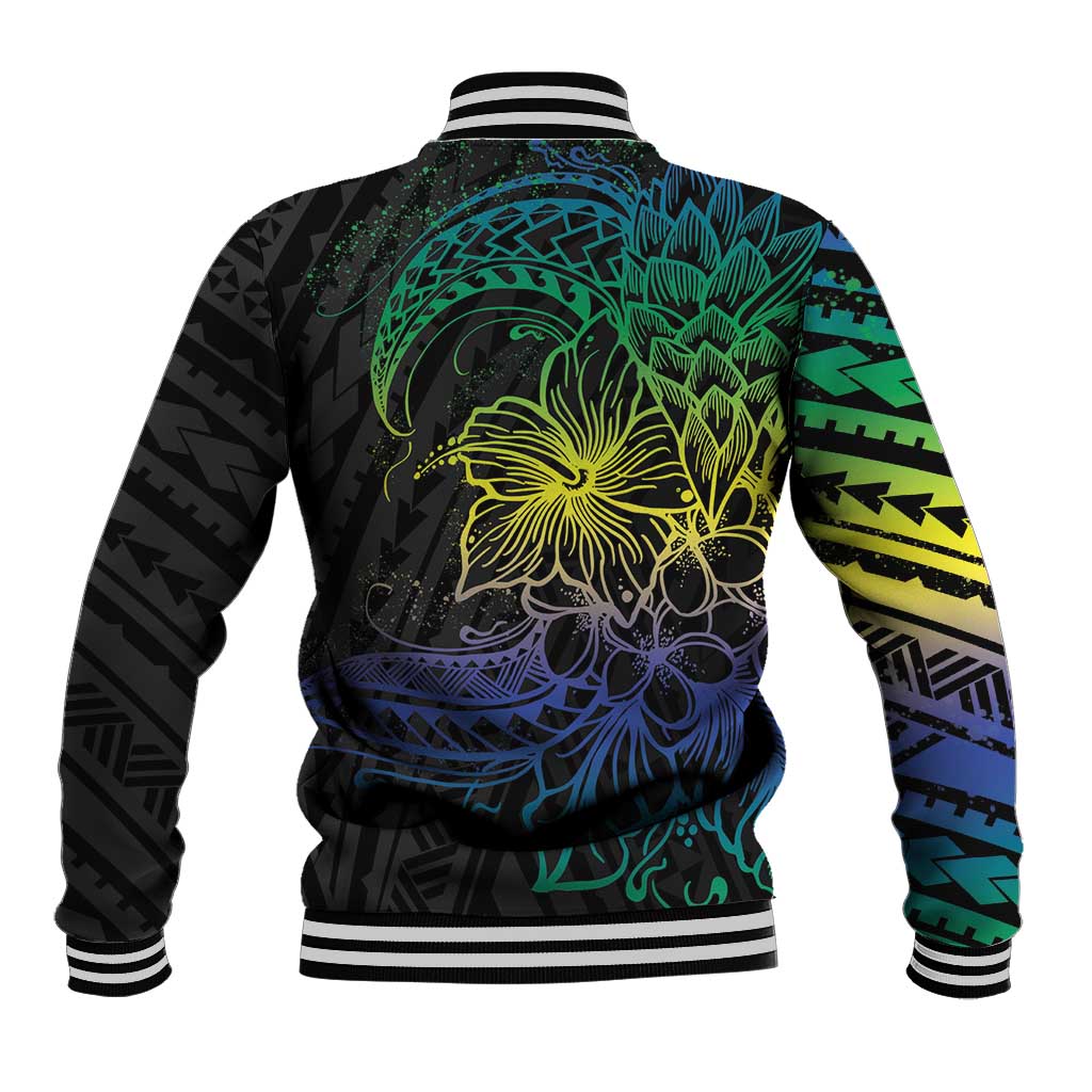 Floral Polynesian Hibiscus Tattoo Baseball Jacket Green Gradient Style