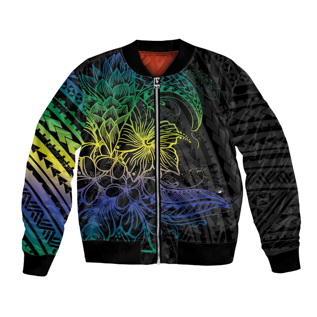 Floral Polynesian Hibiscus Tattoo Bomber Jacket Green Gradient Style