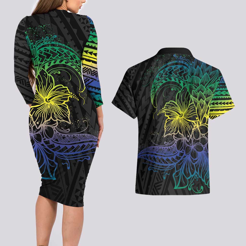 Floral Polynesian Hibiscus Tattoo Couples Matching Long Sleeve Bodycon Dress and Hawaiian Shirt Green Gradient Style