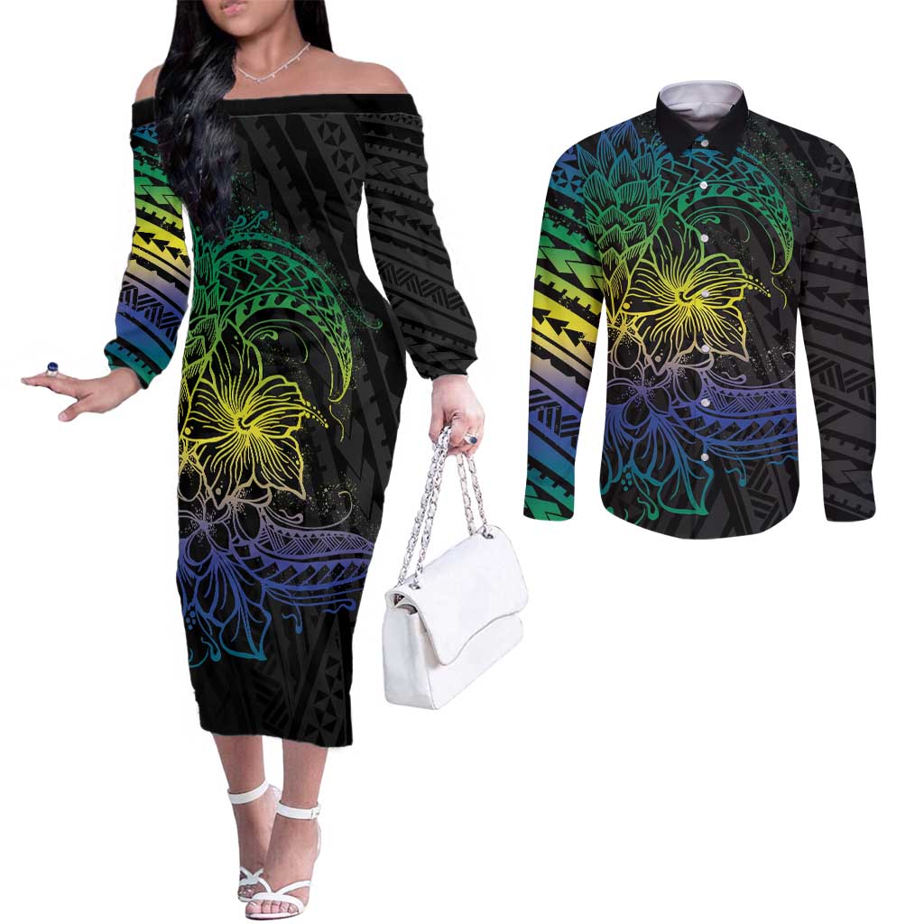 Floral Polynesian Hibiscus Tattoo Couples Matching Off The Shoulder Long Sleeve Dress and Long Sleeve Button Shirt Green Gradient Style LT9 Green - Polynesian Pride