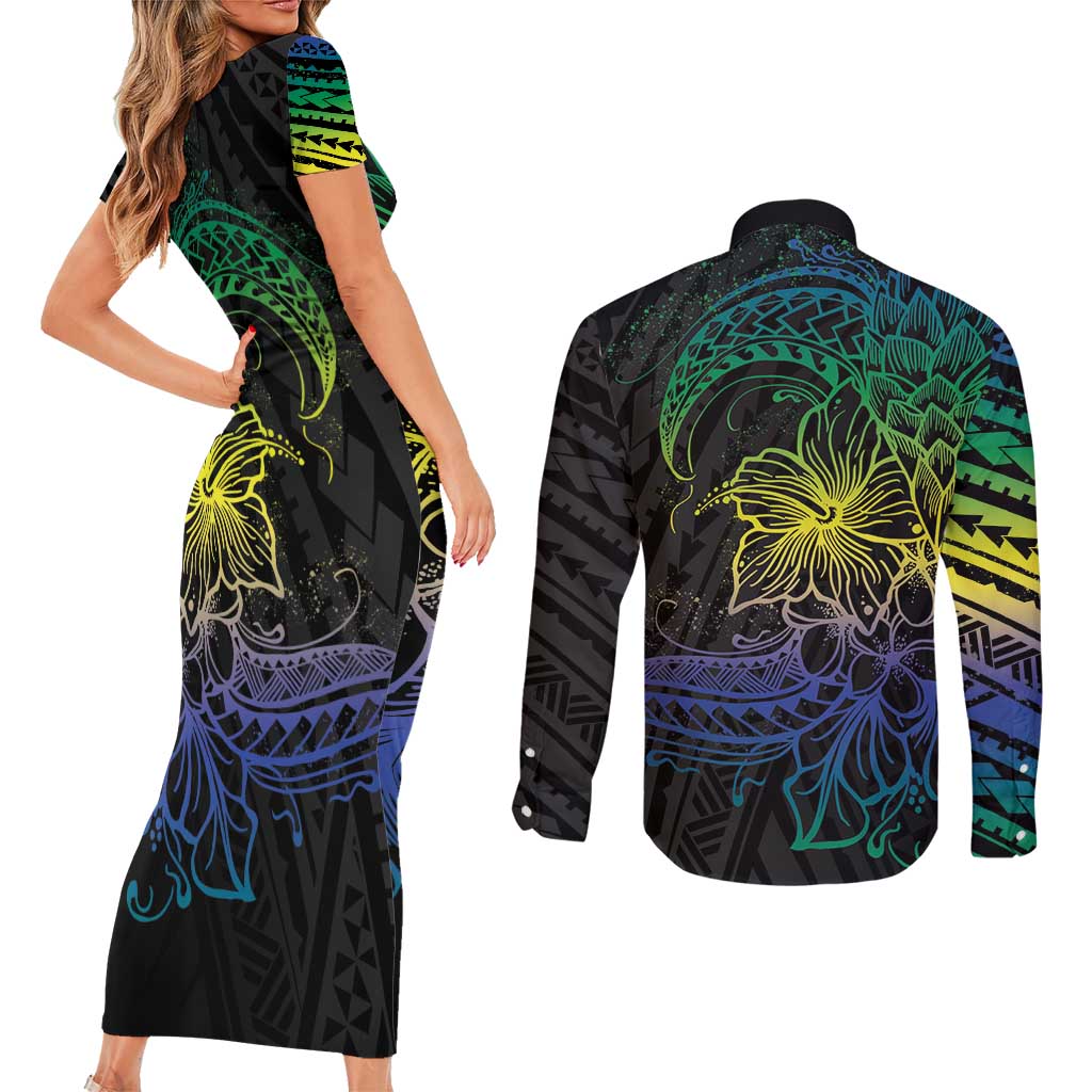 Floral Polynesian Hibiscus Tattoo Couples Matching Short Sleeve Bodycon Dress and Long Sleeve Button Shirt Green Gradient Style