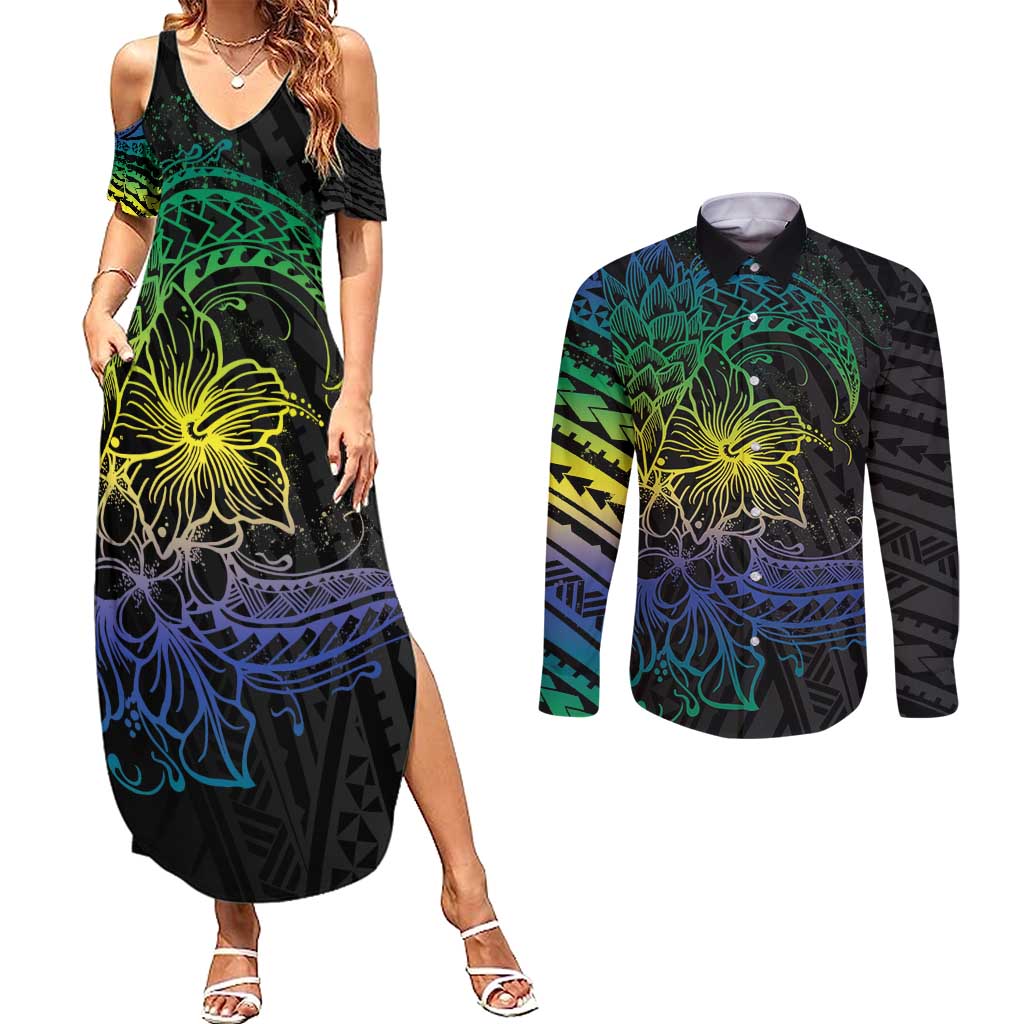 Floral Polynesian Hibiscus Tattoo Couples Matching Summer Maxi Dress and Long Sleeve Button Shirt Green Gradient Style