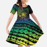 Floral Polynesian Hibiscus Tattoo Family Matching Long Sleeve Bodycon Dress and Hawaiian Shirt Green Gradient Style