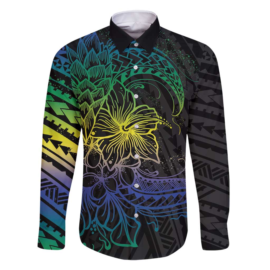 Floral Polynesian Hibiscus Tattoo Family Matching Long Sleeve Bodycon Dress and Hawaiian Shirt Green Gradient Style