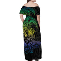 Floral Polynesian Hibiscus Tattoo Family Matching Off Shoulder Maxi Dress and Hawaiian Shirt Green Gradient Style