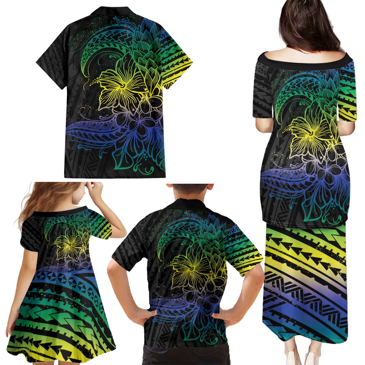 Floral Polynesian Hibiscus Tattoo Family Matching Puletasi and Hawaiian Shirt Green Gradient Style