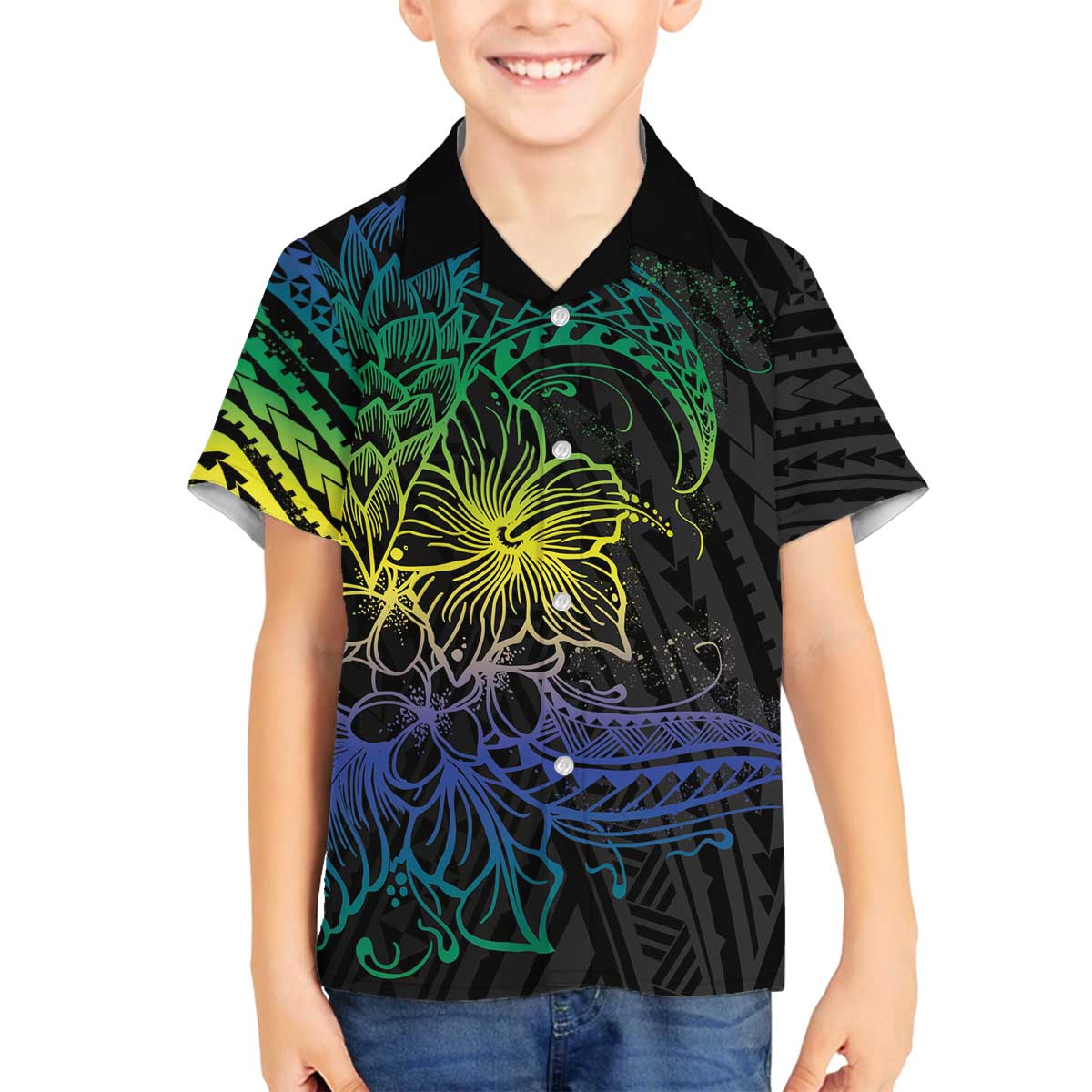 Floral Polynesian Hibiscus Tattoo Family Matching Puletasi and Hawaiian Shirt Green Gradient Style