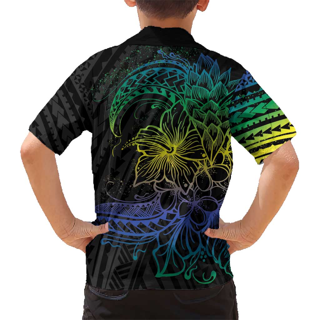 Floral Polynesian Hibiscus Tattoo Family Matching Short Sleeve Bodycon Dress and Hawaiian Shirt Green Gradient Style