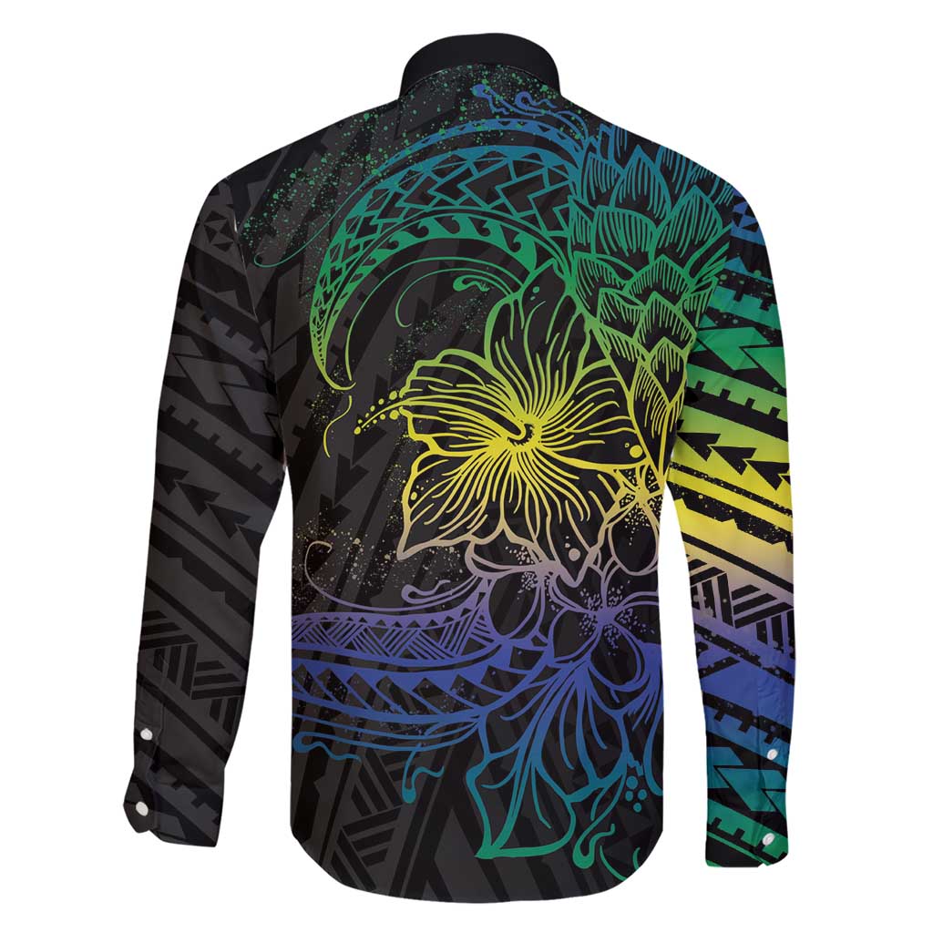 Floral Polynesian Hibiscus Tattoo Family Matching Short Sleeve Bodycon Dress and Hawaiian Shirt Green Gradient Style