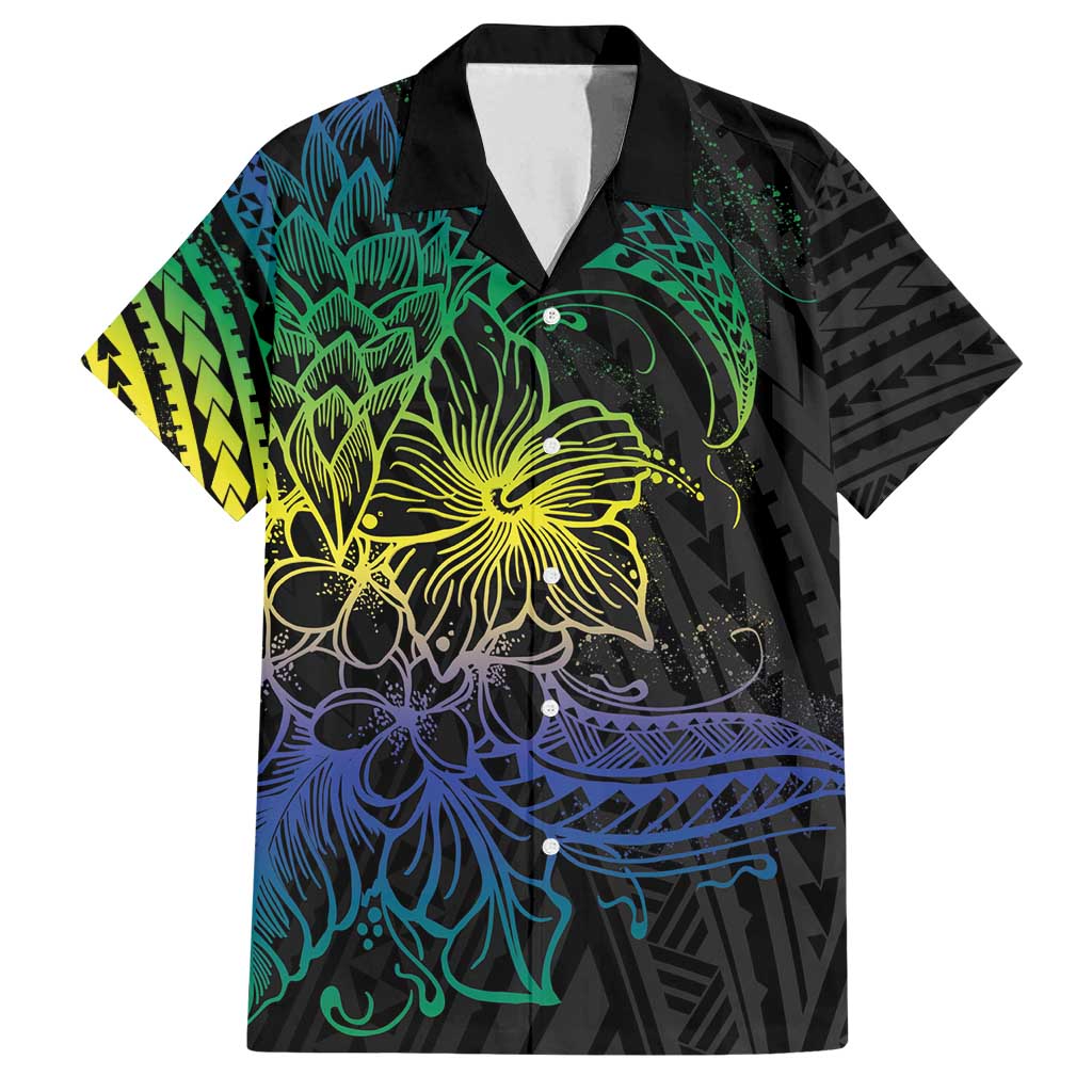 Floral Polynesian Hibiscus Tattoo Family Matching Tank Maxi Dress and Hawaiian Shirt Green Gradient Style