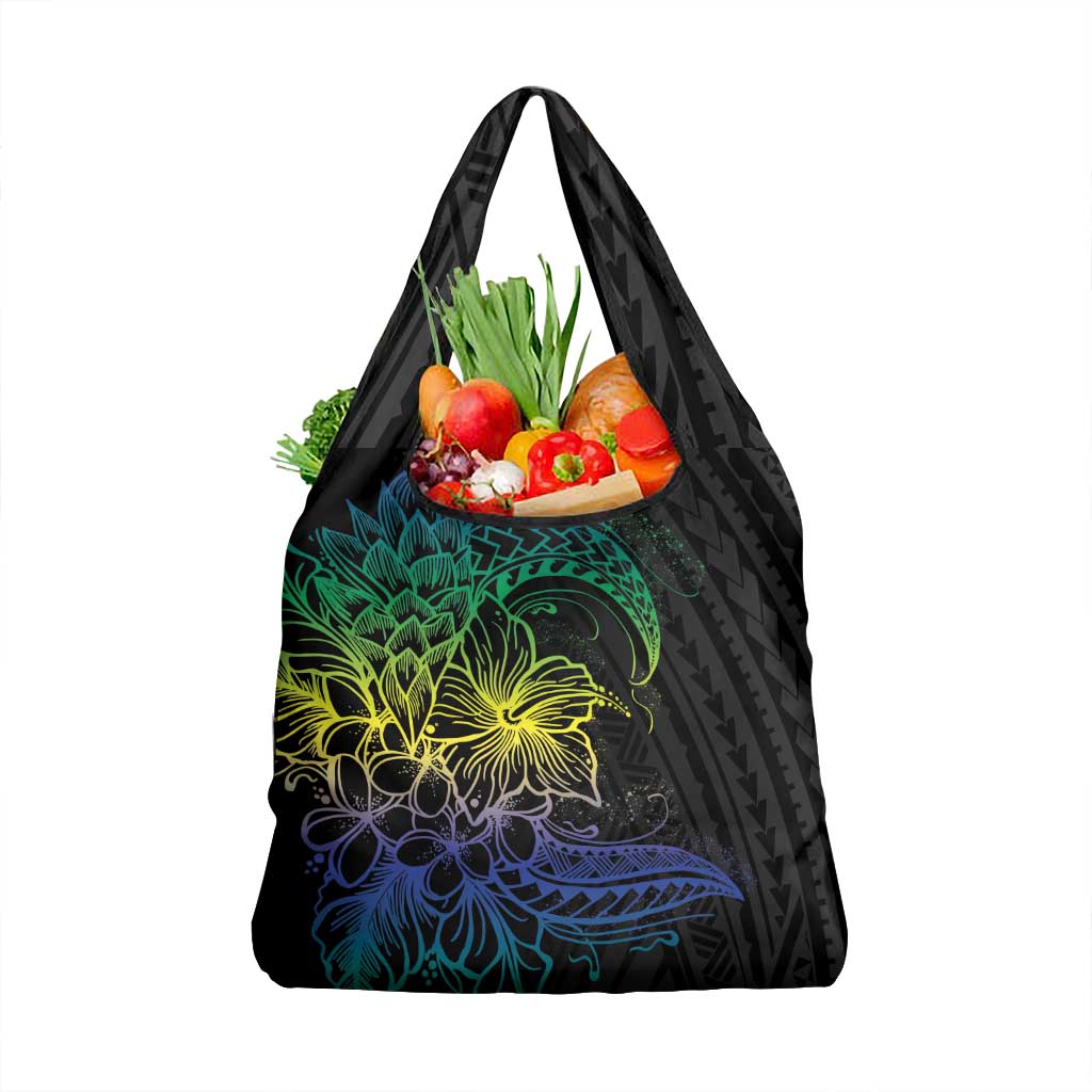 Floral Polynesian Hibiscus Tattoo Grocery Bag Green Gradient Style