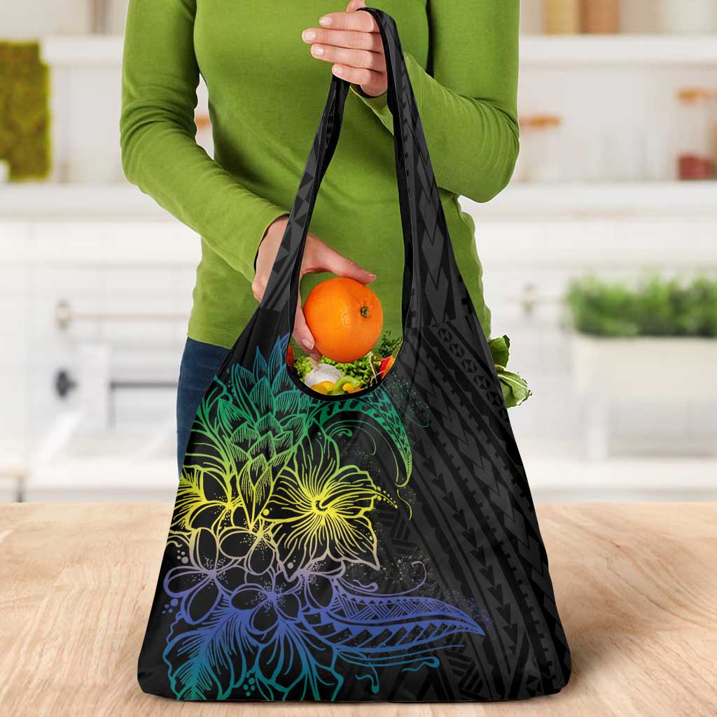 Floral Polynesian Hibiscus Tattoo Grocery Bag Green Gradient Style